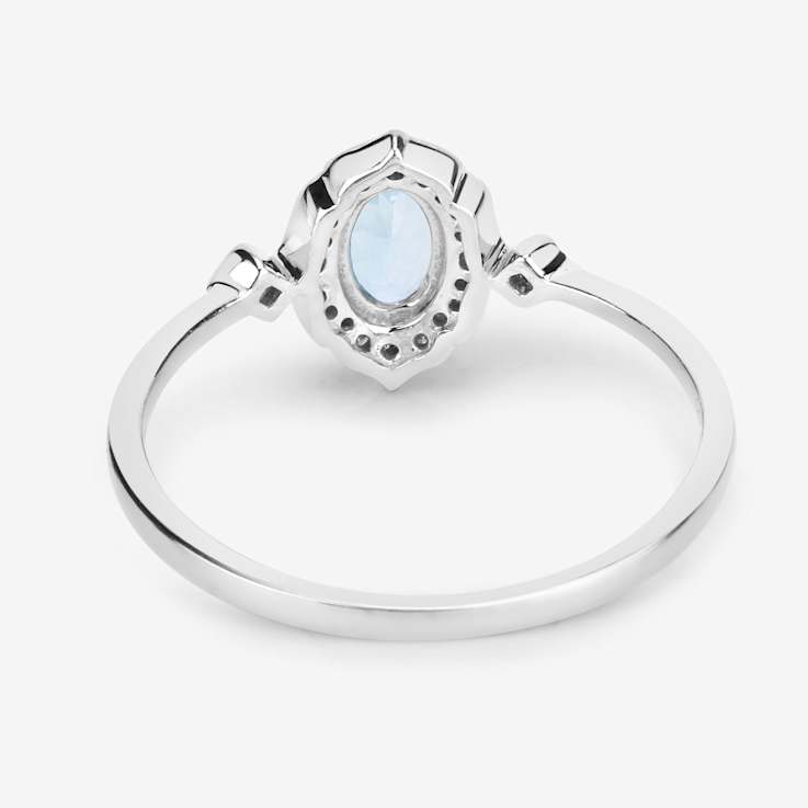 Blue Aquamarine and White Diamond 14K White Gold Halo Ring