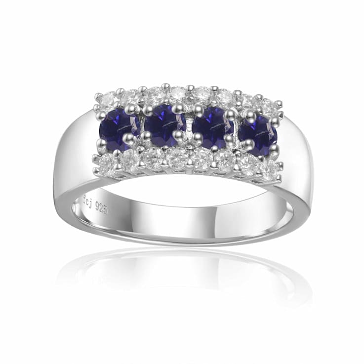 Oval Blue Sapphire and Round Moissanite Sterling Silver Wide