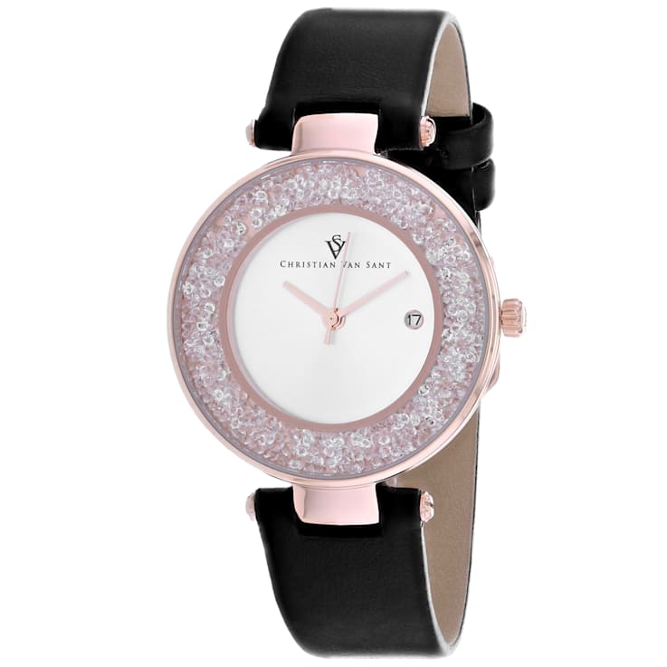 Christian Van Sant Women's Dazzle White Dial, Black Leather Strap Watch