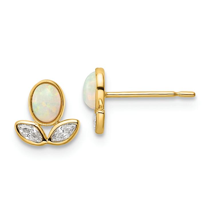 14k Yellow Gold Cubic Zirconia and Lab Created Opal Stud Earrings
