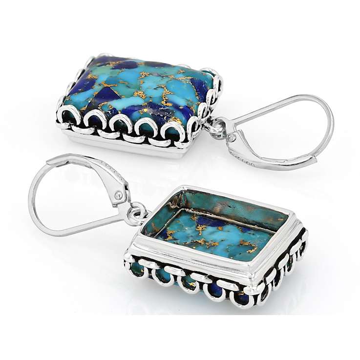 Blended Turquoise And Lapis Oxidized Sterling Silver Earrings 16x12mm