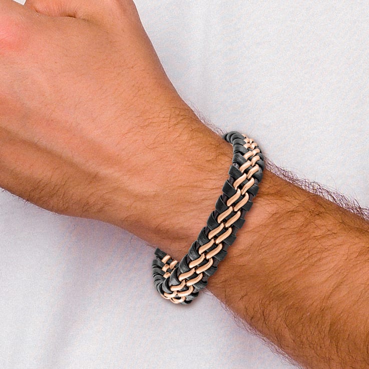 Brown Leather and Stainless Steel Brushed Rose IP-plated 8.5-inch Bracelet