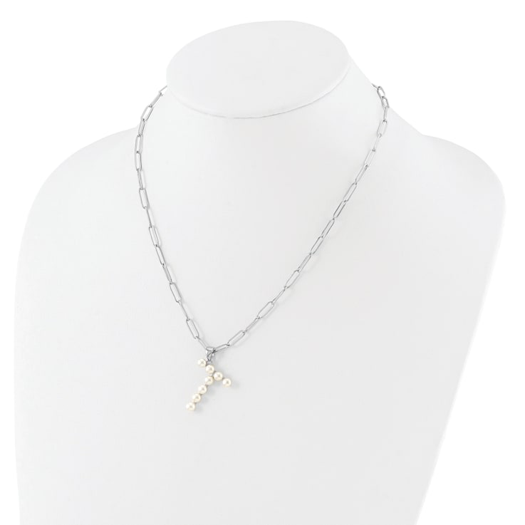 Rhodium Over Sterling Silver 3-5.5mm Freshwater Cultured Pearl LETTER T
18-inch Necklace