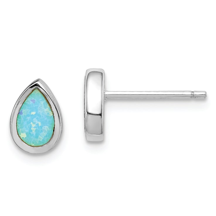 Rhodium Over Sterling Silver Polished Blue Created Opal Teardrop Stud Earrings