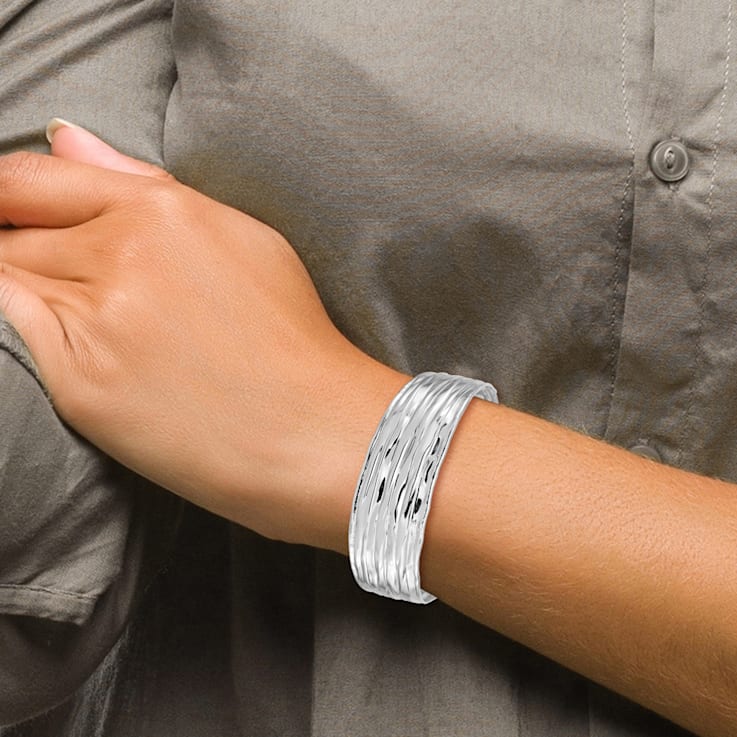 Rhodium Over Sterling Silver Textured Cuff Bracelet