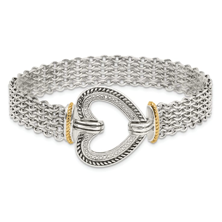 Sterling Silver with 14K Gold Over Sterling Silver Oxidized Diamond
Heart Bracelet