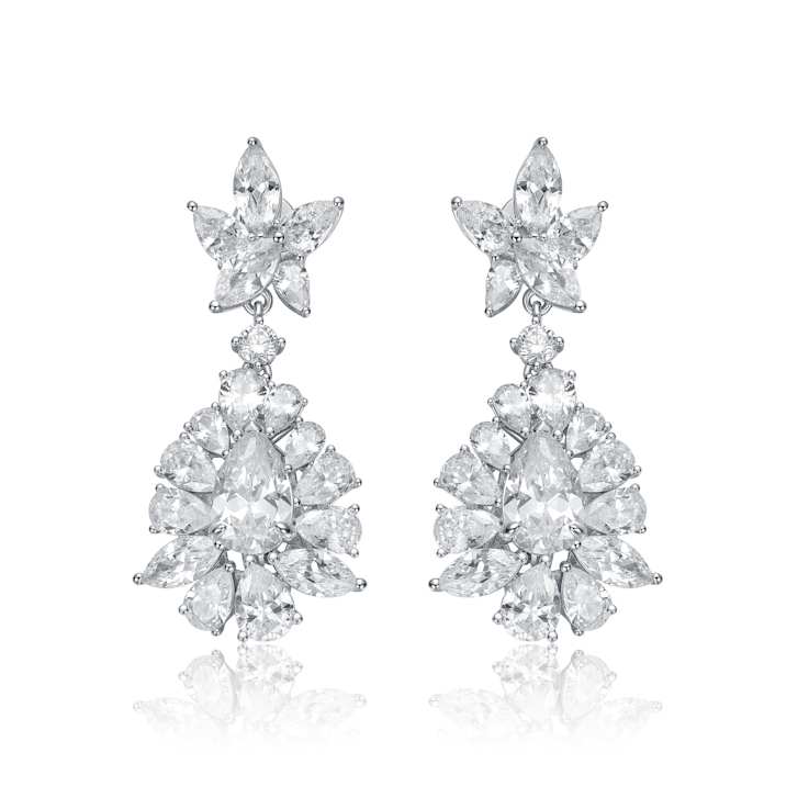 CZ Snowflake Cluster Drop Earrings In White Rhodium Over Brass
