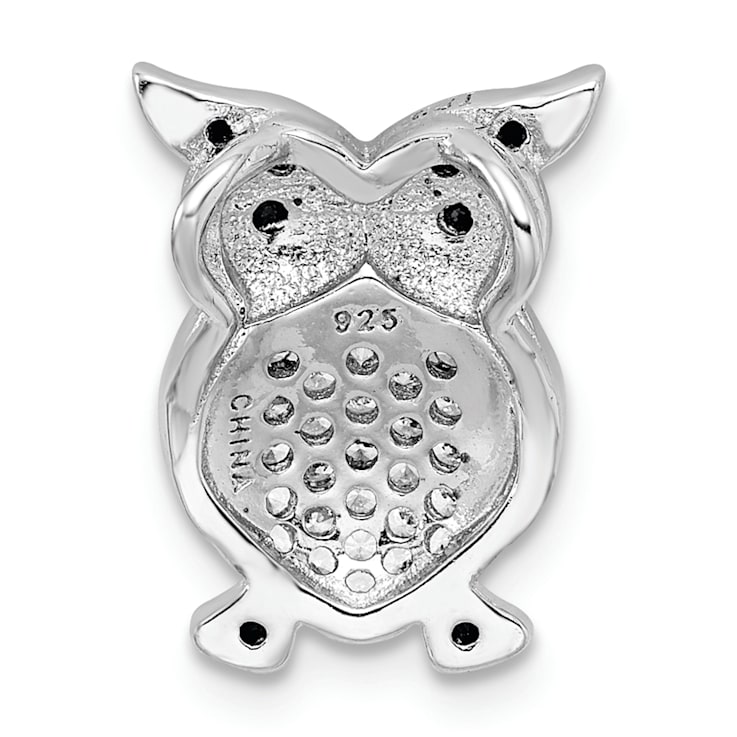Rhodium Over Sterling Silver Black and Clear Cubic Zirconia Owl Chain Slide