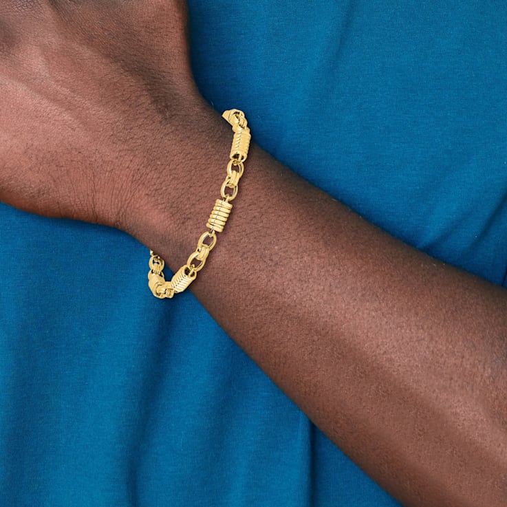 14K Yellow Gold Polished and Grooved Fancy Link Men's Bracelet