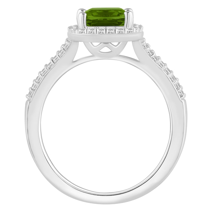7mm Cushion Peridot 1/4 ctw Diamond Rhodium Over Sterling Silver Halo Ring