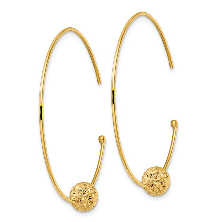 14k Yellow Gold 1 3/8" Wire Hoops Diamond-Cut Bead Earrings
