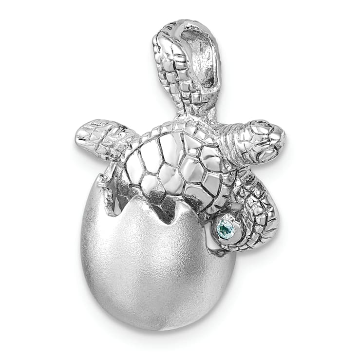 Rhodium Over Sterling Silver Moveable Crystal Hatching Turtle Chain
Slide Pendant