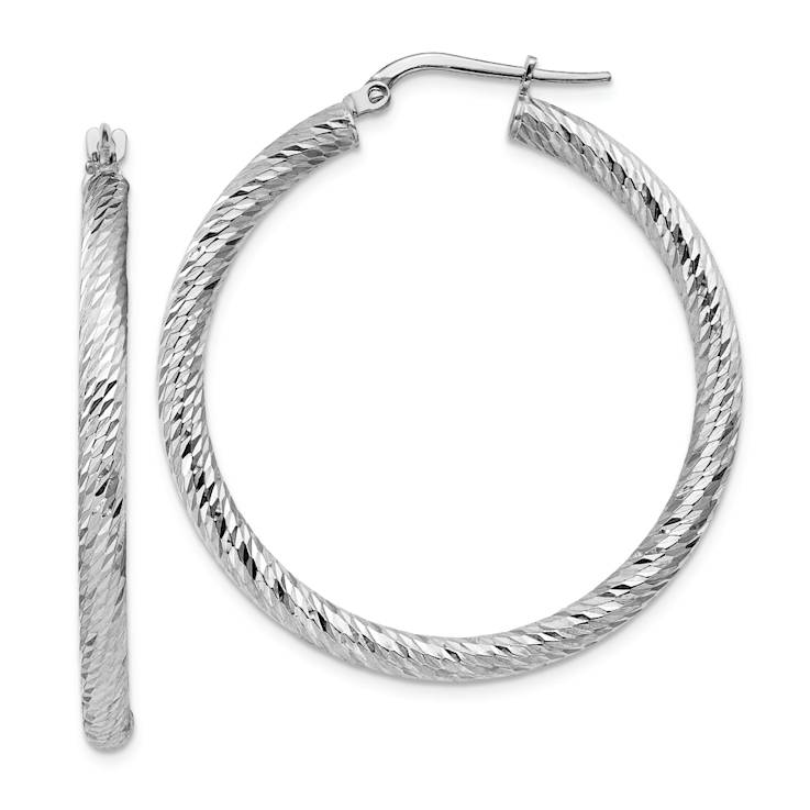 Rhodium Over 14k White Gold 1 9/16" Polished Diamond-Cut Round Hoop Earrings