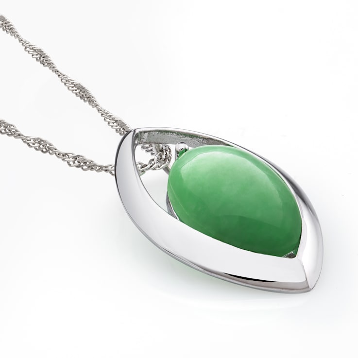 Green 13x9MM Jadeite Sterling Silver Pendant with Singapore Chain