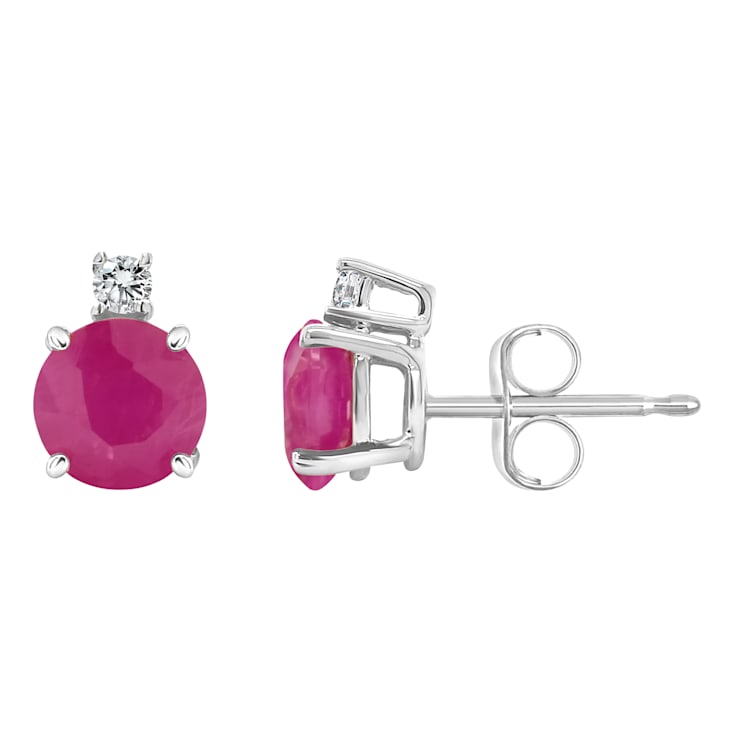 5mm Round Ruby with Diamond Accents 14k White Gold Stud Earrings