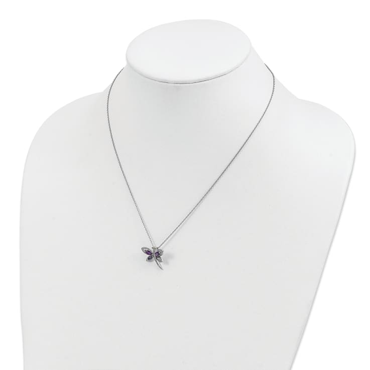 Rhodium Over Sterling Silver Amethyst, Iolite, and Diamond Dragonfly
18" with 2" Extension Necklace