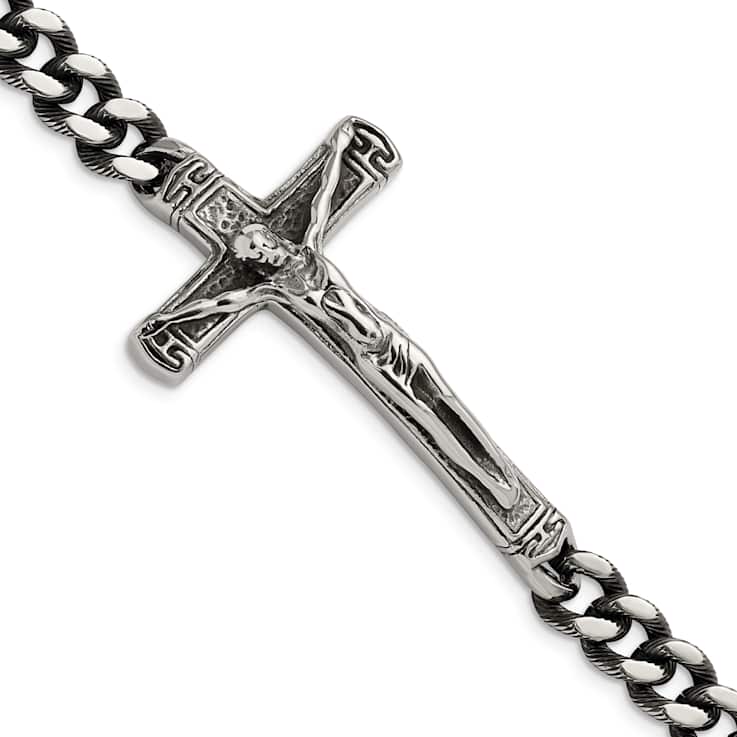 Stainless Steel Antiqued and Polished Crucifix Bracelet