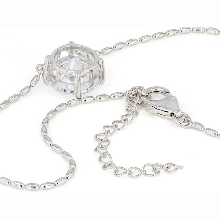 Round CZ Solitare Station Pendant Necklace in Rhodium Over Sterling Silver