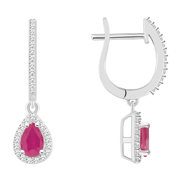 6x4mm Pear Shape Ruby 1/3 ctw Diamond Rhodium Over Sterling Silver Halo
Dangle Earrings