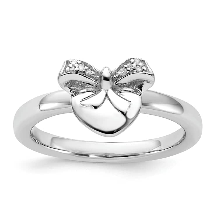 Rhodium Over Sterling Silver Stackable Heart with Bow Diamond Ring