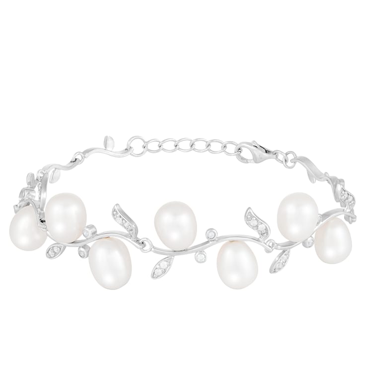 7-7.5mm White Cultured Freshwater Pearl Silver  Bracelet