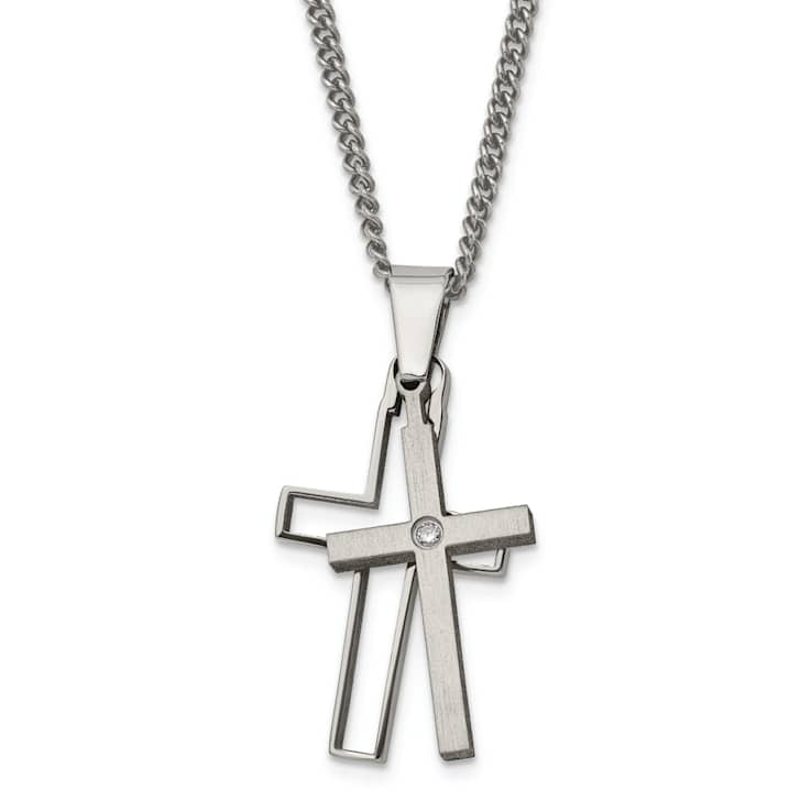 Titanium Brushed and Polished with .03ct Diamond Cross Pendant with 22
Inch Curb Chain