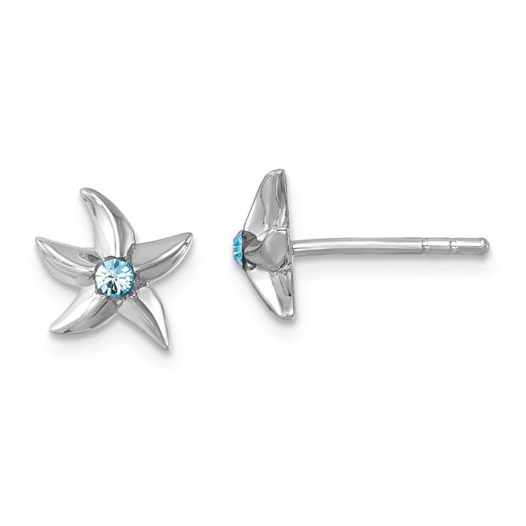 Rhodium Over Sterling Silver Polished Crystal Starfish Post Earrings
