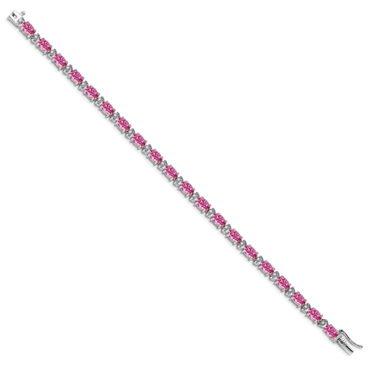 Rhodium Over 14k White Gold Oval Lab Created Pink Sapphire and Diamond Bracelet