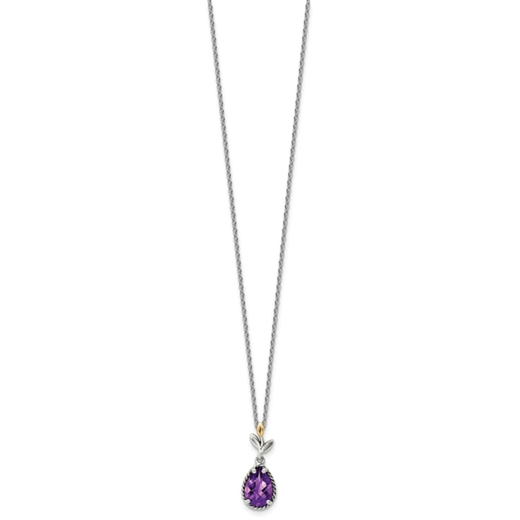 Sterling Silver Antiqued with 14K Accent Leaves Pear Amethyst with
2-inch Extension Necklace