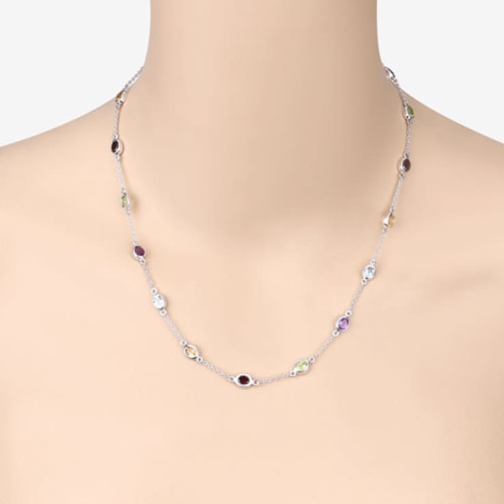 Multi Gemstone Rhodium Over Sterling Silver Station Necklace