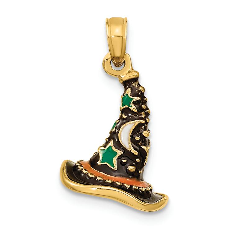 14k Yellow Gold Textured and Enameled 3D Witch's Hat (Halloween) Charm