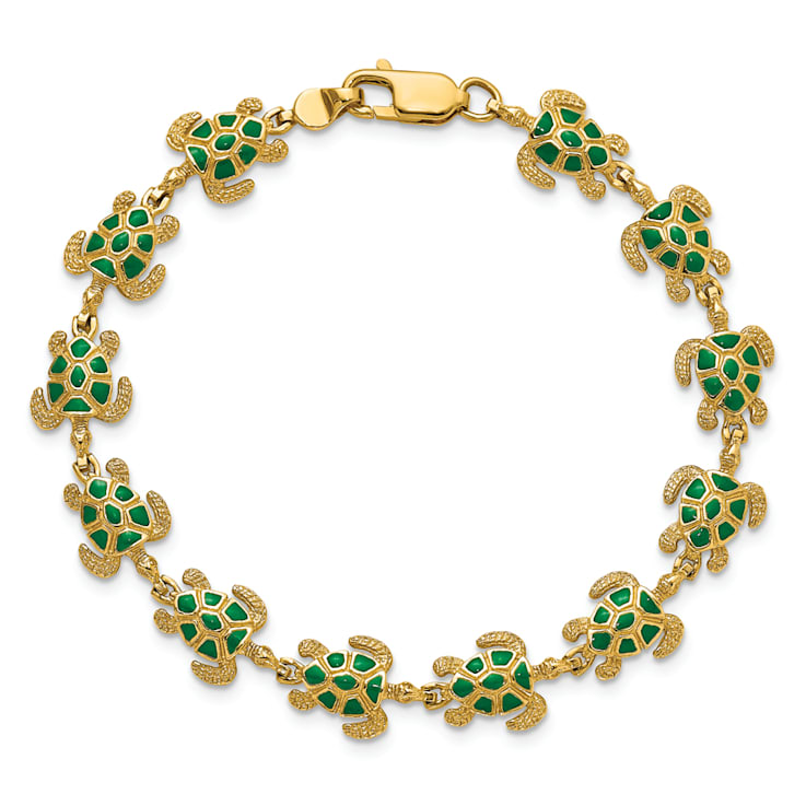 14k Yellow Gold with Green Enamel Sea Turtle Bracelet