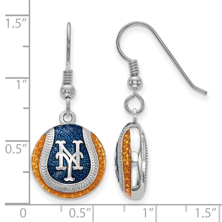 Rhodium Over Sterling Silver MLB LogoArt New York Mets N-Y Enamel Earrings