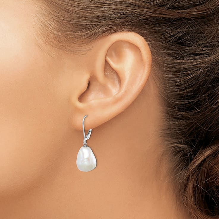 Rhodium Over Sterling Silver 11-12mm Keshi Pearl Leverback Dangle Earrings