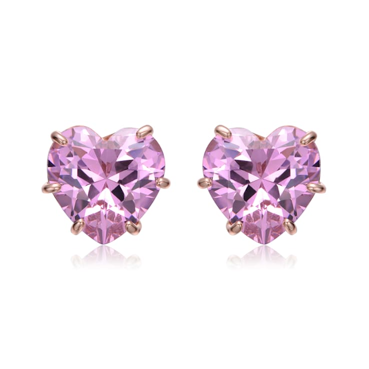 Pink CZ Heart Shape Stud Earrings In 18K Rose Gold Over Brass