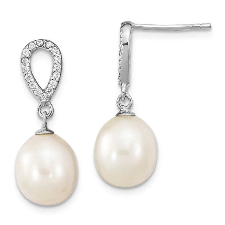 Rhodium Over Sterling Silver 8-9mm Rice FWC Pearl Cubic Zirconia Post
Dangle Earrings