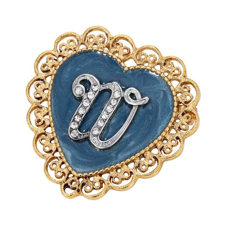 Gold Tone Filigree Heart Blue Enamel Initial Pin