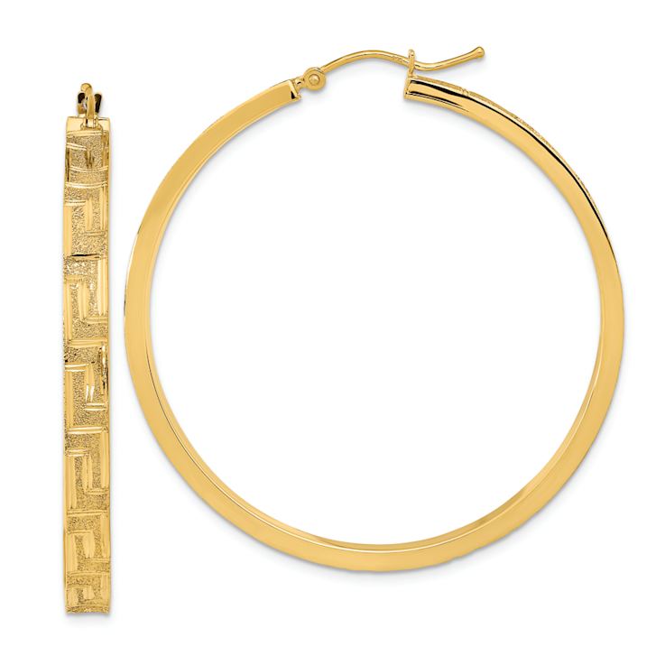 14k Yellow Gold Polished and Satin 1 13/16" Greek Pattern Hoop Earrings