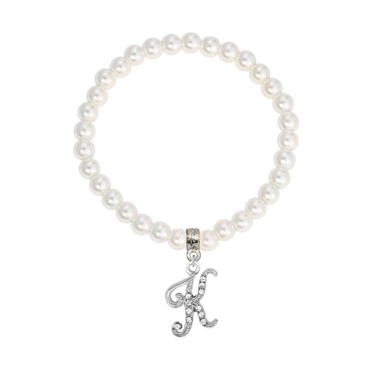 White Faux Pearl Bead Initial Charm Stretch Bracelet