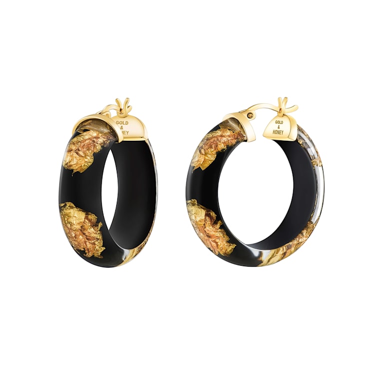 14K Yellow Gold Over Sterling Silver Mini Gold Leaf Acrylic Hoops in Black