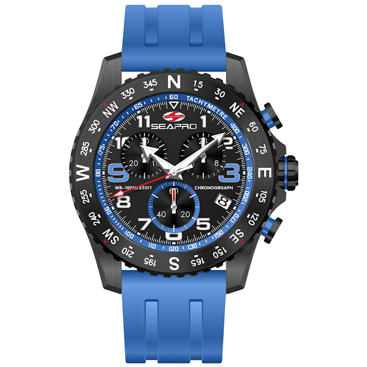 Seapro Men's Gallantry Black Dial with Blue Accents, Blue Rubber Strap Watch