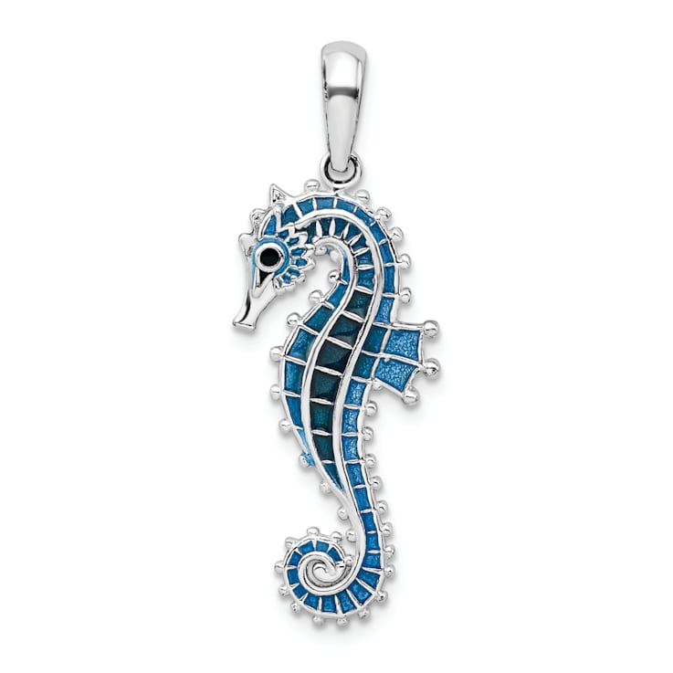 Rhodium Over Sterling Silver Polished 3D Enameled Blue Seahorse Pendant