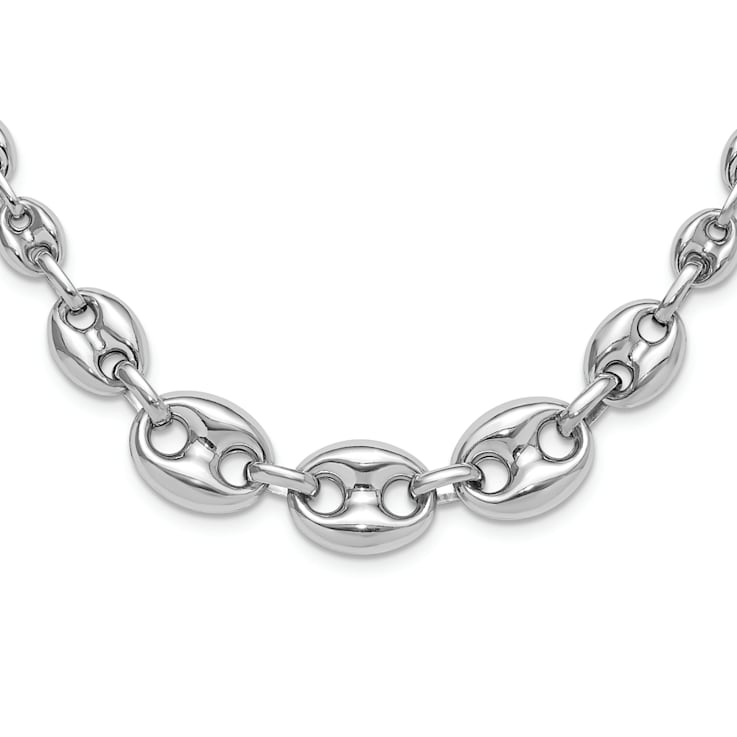 Rhodium Over Sterling Silver Hollow Graduated Marina Link 17-inch Necklace