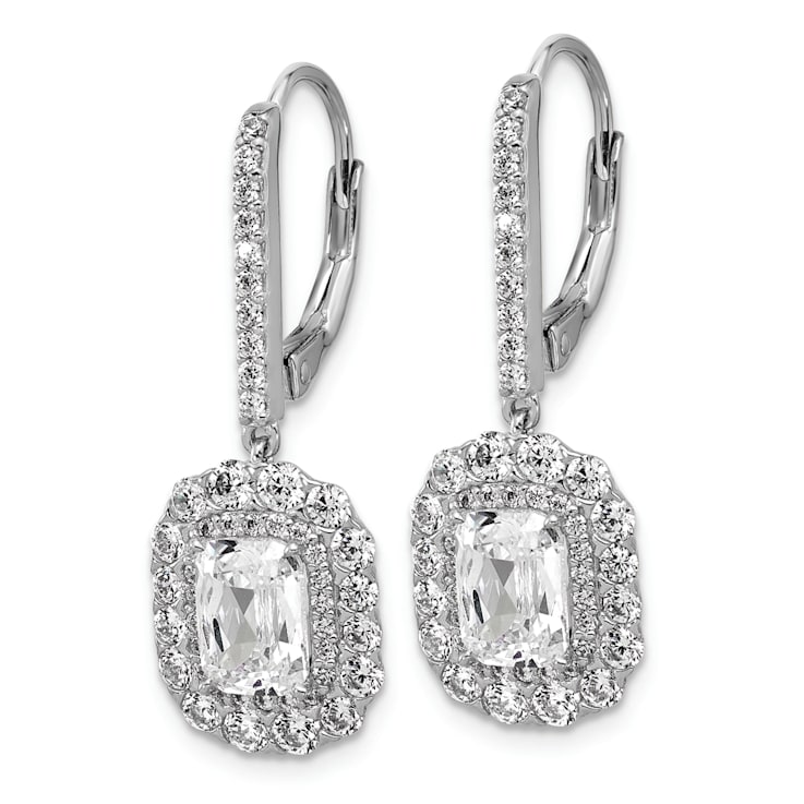 Rhodium Over Sterling Silver Emerald-cut Cubic Zirconia Halo Dangle
Leverback Earrings