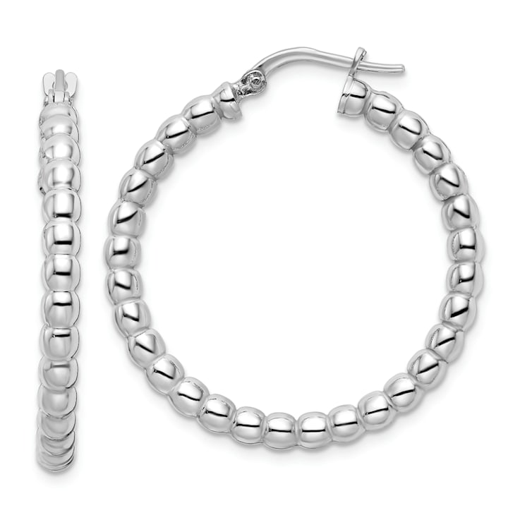 Rhodium Over Sterling Silver Polished 3mm Beaded Hoop Earrings