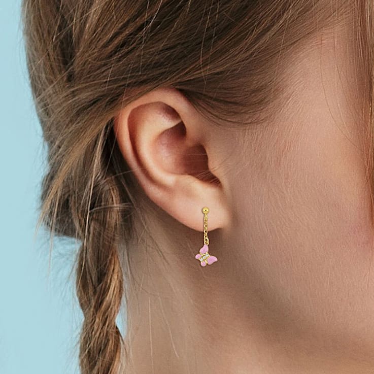 Children's Cubic Zirconia Pink Enamel Butterfly Drop Earrings 18K Yellow
Gold Over Sterling Silver