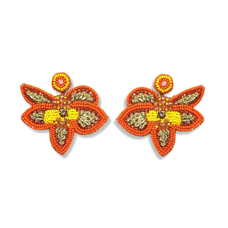 Orange Seed Beads With Clear Crystal Butterfly Earring