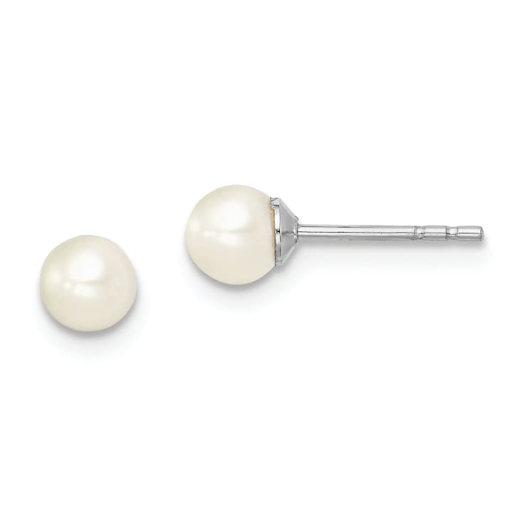Rhodium Over Sterling Silver 4-5mm White Round FWC Pearl Stud Earrings