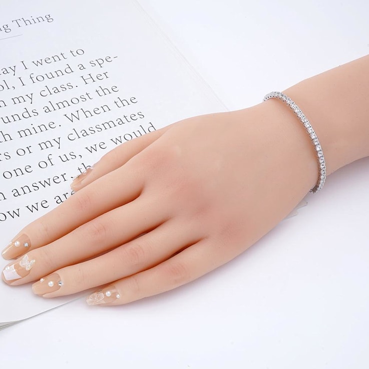 Lab Created White Sapphire with Pearl Accents Rhodium Over Sterling
Silver Tennis Bracelet