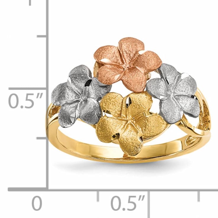 14K Polished and Satin Diamond-cut 4-Plumeria Ring